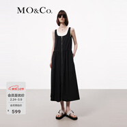 MO&Co.連衣裙夏機能風(fēng)金屬拉鏈開(kāi)襟U領(lǐng)高腰抽繩寬松量感A字裙摩安珂 黑色 L 170