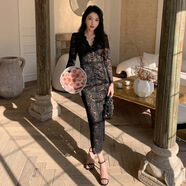 秋季新款女裝法國小眾性感V領(lǐng)長(cháng)袖連衣裙感蕾絲長(cháng)裙子晚禮服 黑色 M