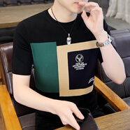 朗光潮牌男裝針織短袖T恤男修身潮流夏季時(shí)尚印花帥氣打底衫體恤衣服 T627 黑色 165/M
