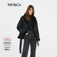 MO&Co.冬季新品外套重工洗磨棉質(zhì)黑牛機車(chē)風(fēng)腰帶夾克