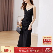 尚都比拉設計感抽褶收腰顯瘦中長(cháng)款V領(lǐng)吊帶連衣裙夏季修身小黑裙 黑色 M 