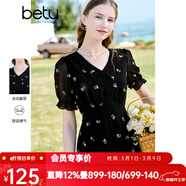 百圖betu女裝夏新款連衣裙短袖雪紡萌兔繡花減齡連衣裙女2303T90 黑色 S