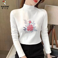 啄木鳥(niǎo)螺紋德絨加厚半高領(lǐng)燙鉆打底衫2025大碼長(cháng)袖t恤女中年小衫潮 0077  白色D  Rose 5XL 建議160-180斤