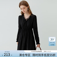 范思藍恩23FS13207法式復古燈籠袖綁帶收腰連衣裙春秋新款氣質(zhì)女裙 黑色 S