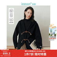 茵曼（INMAN）連帽雙面呢外套冬季女裝新款牛角扣寬松上衣 午夜黑 L