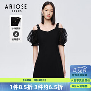 艾諾絲雅詩(shī)【商場(chǎng)同款】夏新珍珠網(wǎng)紗泡泡袖短袖小清新小黑裙連衣裙10429006 黑色 L