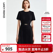 朗姿【三醋酸Basic衣櫥】高級感裙子復古休閑連衣裙夏新款百褶裙 夜幕黑色 M