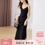 尚都比拉設計感抽褶收腰顯瘦中長(cháng)款V領(lǐng)吊帶連衣裙夏季修身小黑裙 黑色 L 
