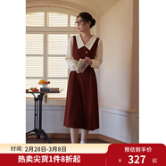 獨束大碼女裝假兩件撞色襯衫領(lǐng)連衣裙女秋冬微胖mm文藝復古穿搭裙子 勃艮第紅【適合165左右】 XL