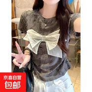 蝴蝶結灰色正肩短袖t恤衫女夏季2026新款設計感小眾短款修身上衣 灰色 M