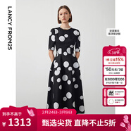 朗姿【Basic衣櫥】小香風(fēng)法式赫本風(fēng)波點(diǎn)小黑裙女收腰高智連衣裙 本白色 M