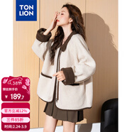 唐獅（TonLion）2024女翻領(lǐng)拼接女仿羊羔絨短款外套 淺杏色 L 