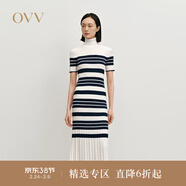 OVV秋冬熱賣(mài)女裝經(jīng)典橫條紋高領(lǐng)長(cháng)袖羊毛針織連衣裙 藏青條紋 L