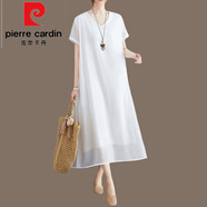 皮爾卡丹（pierre cardin）2026秋季女裝新款中年媽媽胖mm裙子春秋寬松大碼白色雪紡連衣裙夏 白色(v領(lǐng))短袖 XL 約171-184斤