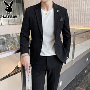 花花公子（PLAYBOY）黑色條紋西裝男套裝結婚新郎禮服修身商務(wù)休閑男士婚禮西服高級感 SJT96095兩件套黑色(西服+西褲) S 【建議80-90斤】