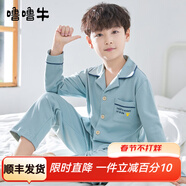 嚕嚕牛兒童睡衣男童純棉春秋長(cháng)袖男孩中大童小孩子家居服套裝全棉 淺青藍-A50021 150 (16碼建議身高140-145)