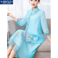 莫代爾旗袍夏裝2026年新款中國風(fēng)女裝改良民族風(fēng)寬松歐根紗刺繡連衣裙 天藍色 XL
