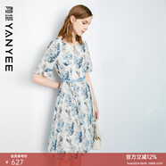 顏域短袖圓領(lǐng)真絲連衣裙女夏新款顯瘦寬松高端印花桑蠶絲裙子 藍花 L