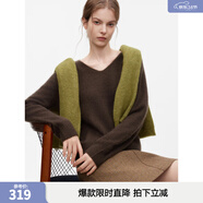 ELLE【明星同款】V領(lǐng)針織衫女2025冬新款山羊絨休閑打底衫毛衣 咖色 S