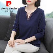 皮爾卡丹（pierre cardin）春秋裝新款長(cháng)袖t恤女韓版寬松大碼女裝上衣中年媽媽休閑打底衫女 藍色 L 100-120斤