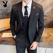 花花公子（PLAYBOY）黑色條紋西裝男套裝結婚新郎禮服修身商務(wù)休閑男士婚禮西服高級感 SJT96095三件套黑色(西服+西褲+馬甲) 2XL 【建議135-150斤】