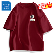 真維斯（Jeanswest）歐美潮牌短袖t恤男夏季純棉衣服大碼森系學(xué)生oversize時(shí)尚文化衫 酒紅(黃黑字母胸標) L (175) (收藏加購優(yōu)先發(fā))