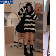 莫代爾針織衫女2026春秋新款粉色條紋寬松慵懶毛衣女小眾不規則甜辣上衣 黑白 L _建議115-130斤