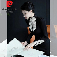 皮爾卡丹（pierre cardin）設計感黑色蕾絲拼接立領(lǐng)針織衫女2026年春季新款小眾獨特別致上衣 黑色 XL