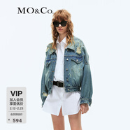 MO&Co.牛仔外套春秋土耳其棉寬松廓形手縫鉆飾破洞蝙蝠袖藍色摩安珂 牛仔藍色 S 160
