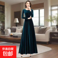 高貴女裝貴夫人春秋金絲絨長(cháng)袖連衣裙收腰顯瘦氣質(zhì)大擺長(cháng)裙女 孔雀藍 3XL 建議150-165斤