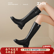 ZHR則則長(cháng)筒靴女過(guò)膝皮帶扣便捷拉鏈皮靴增高顯瘦女靴女鞋加絨保暖騎士靴 黑色（BL323A-扣飾款-加絨） 37