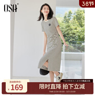 歐莎（OSA）圓領(lǐng)條紋連衣裙女夏季高級感捏褶收腰顯瘦小個(gè)子t恤裙中長(cháng)款裙子 黑杏條紋 S