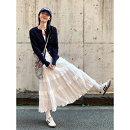 小野七天白色半身裙女秋季高腰a字裙蛋糕裙溫柔風(fēng)長(cháng)裙 法式氣質(zhì)仙女裙子 裙長(cháng)83CM 彈力腰圍56-100CM