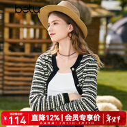 百圖betu女裝秋新款毛針織衫圓領(lǐng)流蘇鏤空長(cháng)袖針織開(kāi)衫女2308T90 黑白條 L