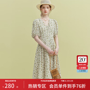 范思藍恩23FS12521茶歇法式雪紡碎花連衣裙女夏V領(lǐng)海邊度假長(cháng)裙子 米底黃花 XS