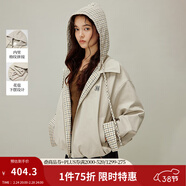 茵曼（INMAN）撞色拼接格紋連帽外套2026春季女裝新款花苞下擺短款夾克風(fēng)衣 卡其色 XL