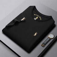 奢侈男裝品牌保長(cháng)袖T恤衫男羅新款夏季刺繡百搭時(shí)尚純色圓領(lǐng)體恤  暗影黑 4XL 58/195適合195-220斤