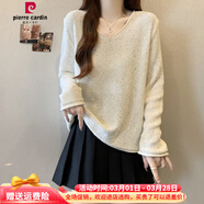 皮爾卡丹條紋V領(lǐng)長(cháng)袖針織打底衫T恤女春秋2026大碼胖mm高級感重工亮片上衣 白色奶系甜美初戀超仙女/減齡藏肉/多巴胺穿搭微胖/ L 建議100-115斤