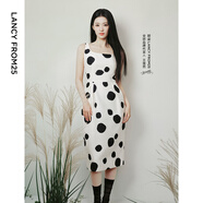 朗姿【王楚然同款】夏季新款淡人無(wú)袖吊帶連衣裙法式優(yōu)雅裙子 米白色 S