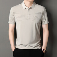 七匹狼夾克專(zhuān)家夏季高端冰絲無(wú)痕男士短袖T恤商務(wù)休閑印花polo衫中年爸爸裝 TS806米白 4XL 建議190-205斤