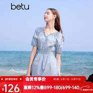 百圖betu女裝夏季新款連衣裙法式V領(lǐng)花邊純棉收腰連衣裙女2405T86 藍色 XS