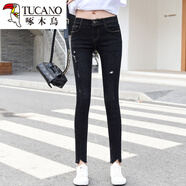 啄木鳥(niǎo)韓國低腰顯瘦牛仔褲女九分褲修身提臀彈力棉質(zhì)小腳褲四季學(xué)生褲子 黑色(3831款) 低腰九分褲 25