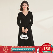 金菊2025新年款紅綿羊毛100%秋冬顯瘦娃娃領(lǐng)純色松緊腰保暖女式連衣裙 黑色 M