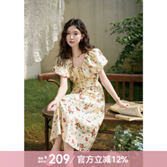 謎秀法式碎花連衣裙女2026夏季新款V領(lǐng)度假風(fēng)設計感收腰溫柔長(cháng)裙子 杏底紅花 S