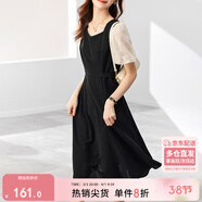 尚都比拉法式連衣裙夏季中長(cháng)款a字裙泡泡袖系帶收腰顯瘦裙子 黑色 L 