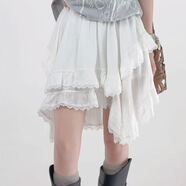 小清新拼接高腰不規則白色半身裙女2024新款洋氣夏季短裙蛋糕蕾絲 白色【有內襯】 S