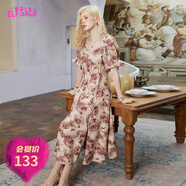 妖精的口袋滿(mǎn)印干枯玫瑰連衣裙女2023夏季新款碎花裙復古氣質(zhì)顯瘦 枯萎玫瑰 S