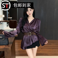 山頭林村紫淑女裝感法式氣質(zhì)緞面收腰顯瘦長(cháng)袖襯衫性感名媛V領(lǐng)腰帶不規則 紫色不含腰帶 S