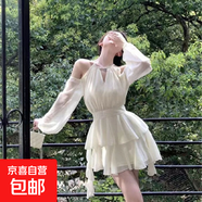 法式杏色長(cháng)袖連衣裙收腰顯瘦甜美雪紡短裙超仙荷葉邊蛋糕裙 米杏色 S