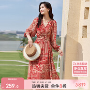 尚都比拉春秋中長(cháng)款印花紅色連衣裙氣質(zhì)女神范顯瘦度假裙子 紅花 L 